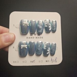 Handmade Blue Pearl Press-On Nails with White Floral Accents